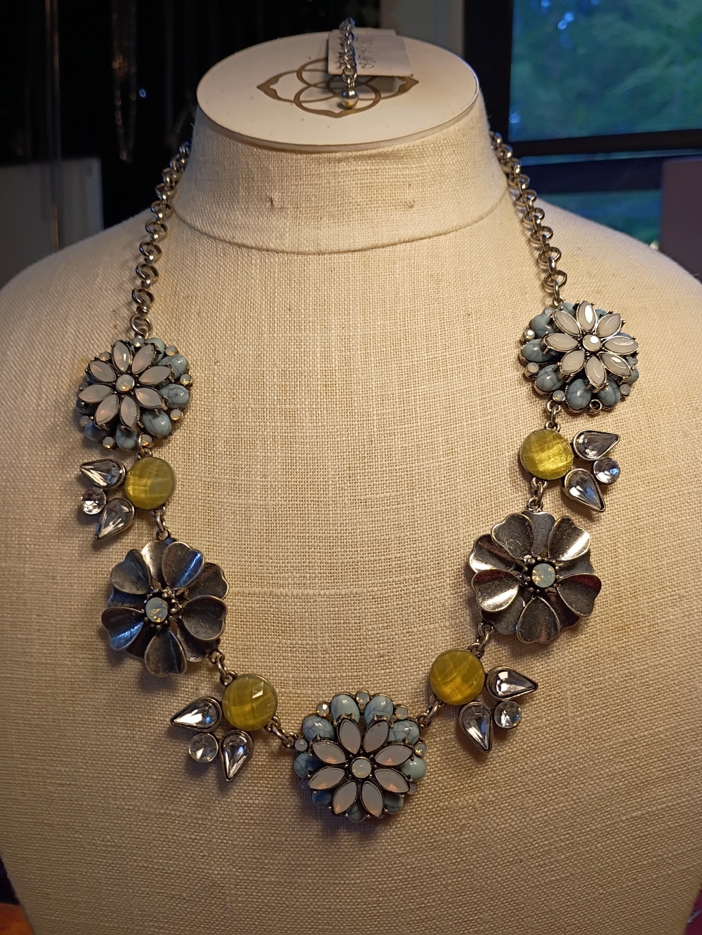 Statement Floral Pendant Necklace in Pale Blue and Yellow - Women Jewelry